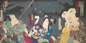 Onoe Kikugoro V en Otowake Neko no ke à droite, Bando Mitsugoro IV en Aisho Michinoku Cent, 1870