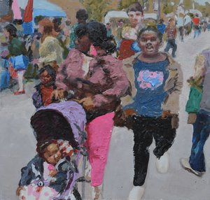 Courses en famille (Deptford, Londres), 2018 (huile sur panneau) - Trevor Burgess
