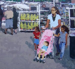 Mère et enfants faisant leurs courses (marché de Lewisham, Londres), 2008 (huile sur toile)