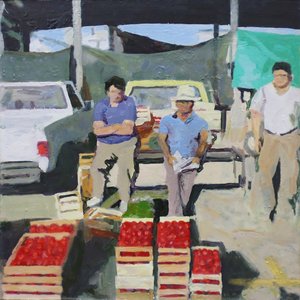 Trois hommes vendant des tomates (San Juan, Argentine), 2014 (huile sur carton)