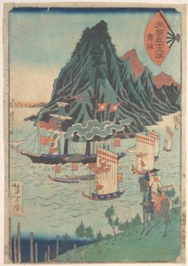 Les cinquante-trois stations de Suehiro : un guerrier observe un bateau à vapeur qui passe - Tsukioka Yoshitoshi