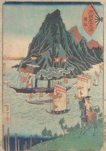 Cinquante-trois stations de Suehiro : Guerrier regardant un navire à vapeur passant, vers 1865