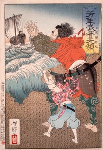 Hino Kumawakamaru und der Priester, der das Boot zurückruft - Tsukioka Yoshitoshi