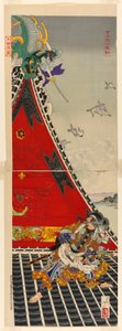 Les deux hommes courageux Inuzuka Shino et Inugai Genpachi se battant sur le toit de Horyukaku - Tsukioka Yoshitoshi