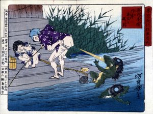 Yodo Gawakré : le fantôme de la rivière devinant sur les fesses (Kappa) par Tsukioka Yonejiro