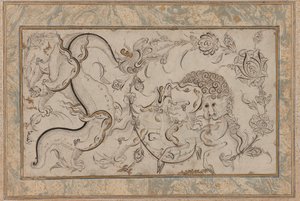 Lion, chi-lin et dragon dans des motifs floraux, période ottomane - Turkish School