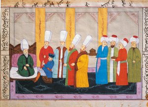 Miniature ottomane représentant un ambassadeur européen à la cour du palais de Topkapi, manuscrit, Turquie - Turkish School