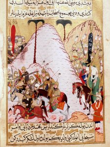 Le prophète Mahomet (visage couvert) lors du siège de La Mecque. Miniature turque du XVIIIe siècle. Palais de Topkapi, Istanbul, Turquie