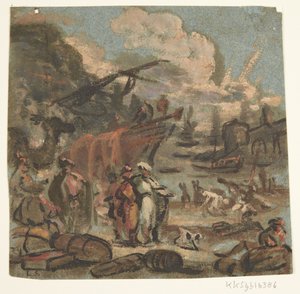 Scène de figures sur la côte avec des navires et des militaires - Ubekendt