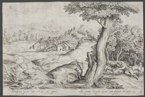 Paysage avec une ville et un berger endormi