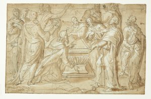Scène de la résurrection de Marie. Les apôtres autour du tombeau vide