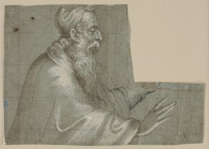 Vieil homme (un doge?), demi-figure, profil à droite avec mains tendues