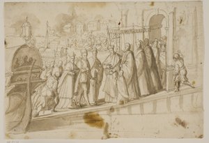 Le roi Henri III, le doge Alvise Mocenigo et le cardinal San Sisto reçus par le patriarche vénitien Giovanni Trevisan sur le Lido à Venise