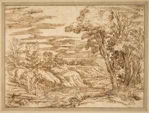 Paysage fluvial avec un homme assis avec un turban et un garçon menant un cheval au premier plan, d