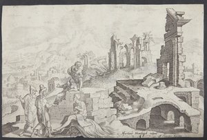 Job sur le fumier avec sa femme et trois amis - Ubekendt efter Maarten van Heemskerck
