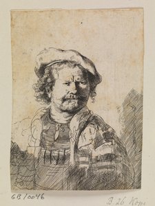 Rembrandt avec une casquette plate et une robe brodée - Ubekendt efter Rembrandt