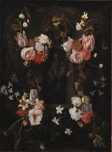 Cartouche en pierre avec la Vierge Marie et l