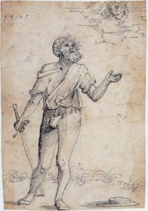 Homme barbu avec une épée, regardant un visage dans les nuages