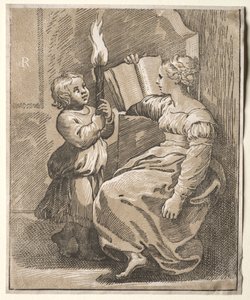 Sibylle lisant avec un enfant tenant une torche