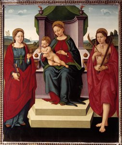 Madone en trône entre Sainte Madeleine et Saint Sébastien - Umbrian School
