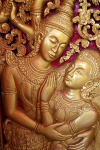 Temple bouddhiste Wat Ong Teu. Sculpture de porte représentant une scène du Ramayana - Unbekannt