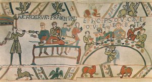 Un festin (détail) de la Tapisserie de Bayeux, fin du XIe siècle, 1944