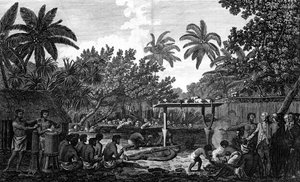 Un sacrifice humain dans un Morai, à Otaheite, en présence du capitaine Cook, vers 1773