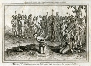 Un roi de Floride consultant son magicien avant de partir en bataille, vers 1760