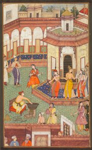 Un homme plonge sa main dans un chaudron alors que les dames du harem sont stupéfaites..., vers 1600