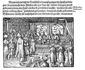 Un repas du tsar de Die Moskouitische Chronica par S. Herberstein, 1579