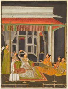 Une princesse sur une terrasse avec des serviteurs la nuit, vers 1760