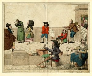 Un coin du Pont Neuf, Paris, avec des mendiants boiteux et des vendeurs de rue, vers 1813