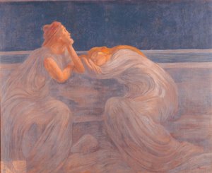 Un couple de femmes portant des robes bleues et grises dort la nuit appuyé sur une balustrade et assis sur un banc