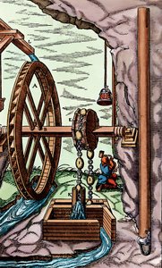 Une mine drainée par une pompe à chaîne et chiffon actionnée par une roue à aubes, 1556