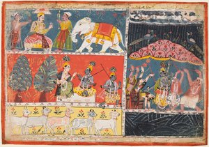 Une page du Bhagavata Purana : Indra envoie une pluie torrentielle, Krishna soulève le mont Govardhana, 1686