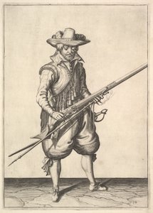 Un soldat secouant la poudre du haut de la poêle, de la série des Mousquetaires, planche 19