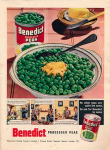 Publicité pour les pois traités Benedict, 1951