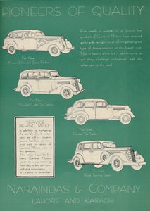 Publicité pour Naraindas & Company, fournisseurs de voitures, 1936