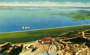 Vue aérienne du barrage de Saluda montrant le lac Murray, S.C., 1942
