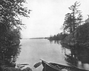 Parmi les Mille Îles du fleuve Saint-Laurent, Canada, vers 1900