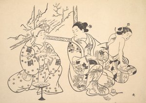 Une Oiran assise dans un salon applique le traitement au feu sur le dos nu d