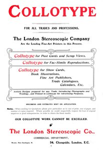 Une publicité pour le procédé Collotype offert par la London Stereoscopic Company, 1903