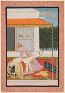 Un couple amoureux, probablement Raja Mahendra Pal de Basohli r. 1806-1813 avec une favorite... vers 1810