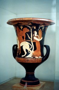 Vase grec antique avec décoration à figures rouges, incluant une danseuse, Ve siècle av. J.-C. - Unbekannt