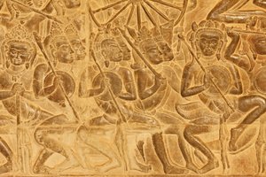Angkor Wat, Détail de la sculpture en relief de la bataille de Kurukshetra, Siem Reap, Cambodge