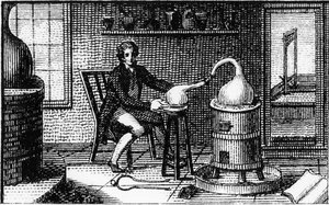 Antoine Laurent Lavoisier, chimiste français du 18ème siècle, dans son laboratoire, 1814