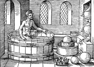 Archimède c287-212 av. J.-C., mathématicien et inventeur grec ancien, dans son bain