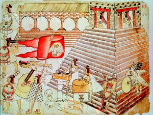 Guerriers aztèques défendant le temple de Tenochtitlan contre les conquistadors - Unbekannt