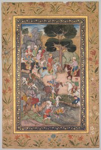 Babur rencontrant le sultan Ali Mirza à la rivière Kohik, du Babur-nama Mémoires de Babur, c. 159