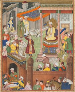 Babur reçoit le butin et le salut de Humayun après la victoire sur le sultan Ibrahim, vers 1596-1597